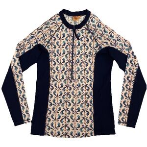 Tory Burch Seahorse Logo Zip Up Pullover Rash Guard Swim Sun Surf Shirt Large
